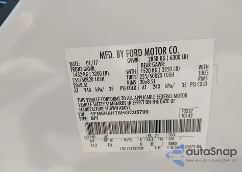 2017 Ford Explorer Platinum из США, поврежденный, VIN 1FM5K8HT6HGC05799